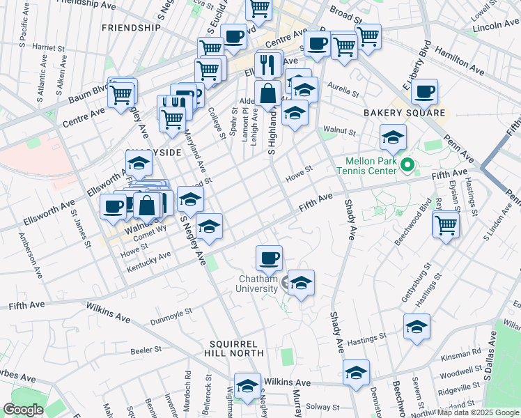 map of restaurants, bars, coffee shops, grocery stores, and more near 921 College Street in Pittsburgh