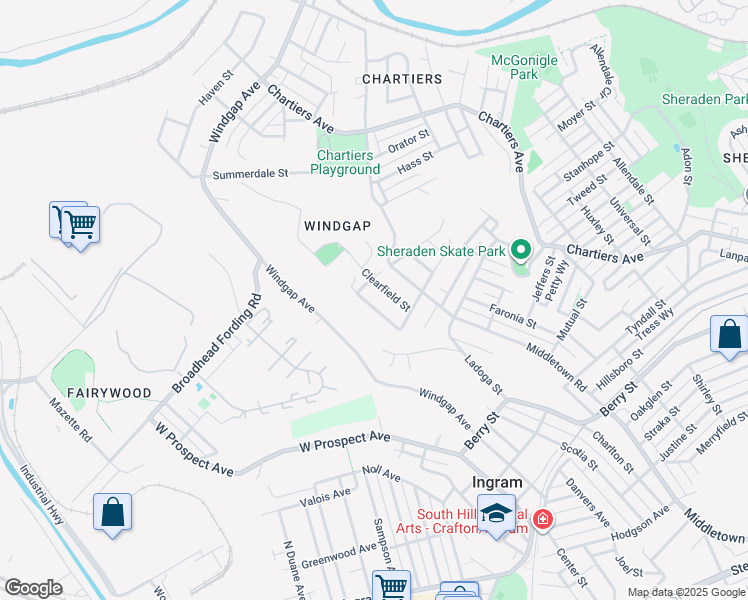 map of restaurants, bars, coffee shops, grocery stores, and more near 3446 Harrisburg Street in Pittsburgh