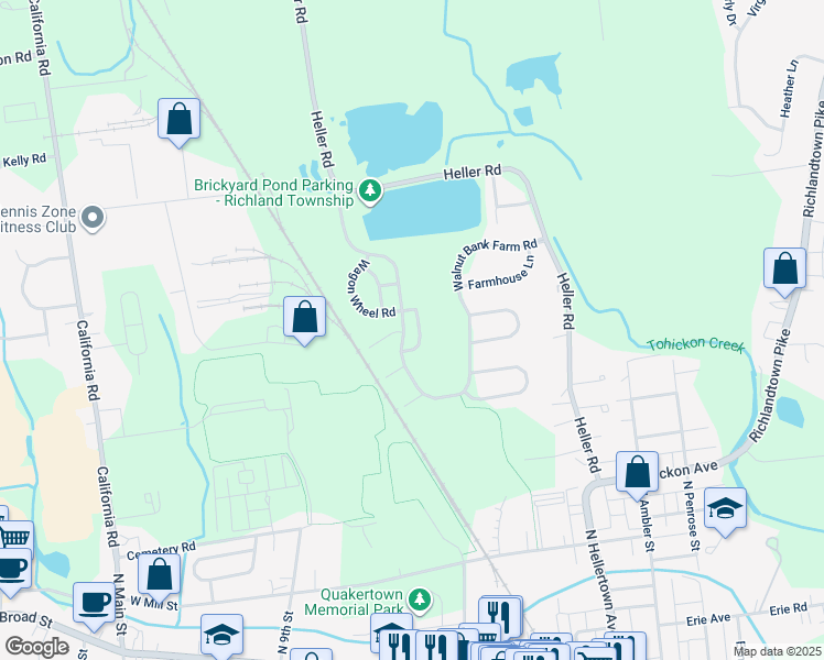 map of restaurants, bars, coffee shops, grocery stores, and more near 148 Prairie Court in Quakertown