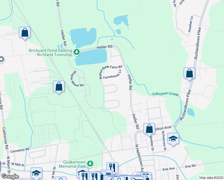 map of restaurants, bars, coffee shops, grocery stores, and more near 1151 Red Barn Lane in Quakertown