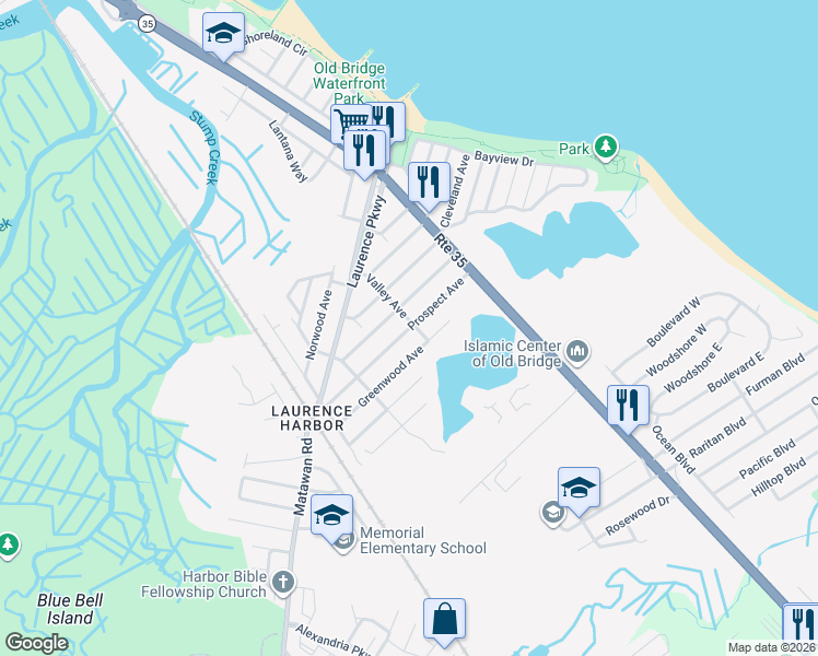 map of restaurants, bars, coffee shops, grocery stores, and more near 402 Prospect Avenue in Old Bridge Township