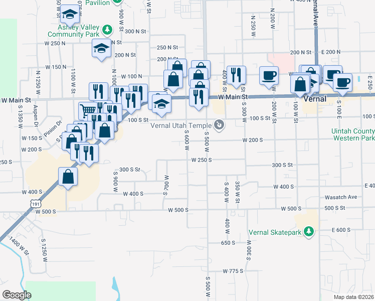 map of restaurants, bars, coffee shops, grocery stores, and more near 231 South 600 West in Vernal