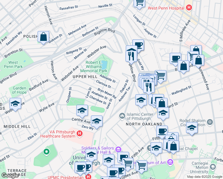 map of restaurants, bars, coffee shops, grocery stores, and more near 928 Clarissa Street in Pittsburgh