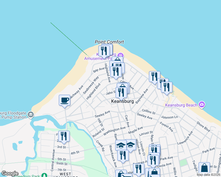 map of restaurants, bars, coffee shops, grocery stores, and more near 79E Carr Avenue in Keansburg
