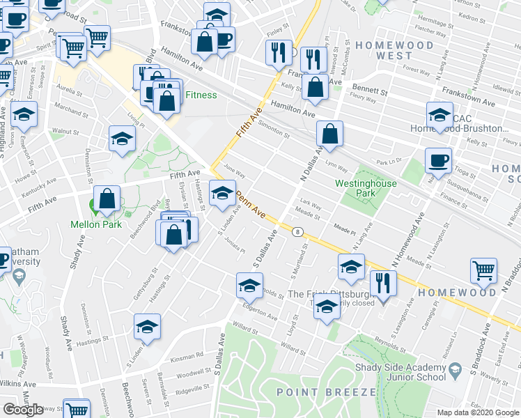 map of restaurants, bars, coffee shops, grocery stores, and more near 6829 Pennsylvania 8 in Pittsburgh