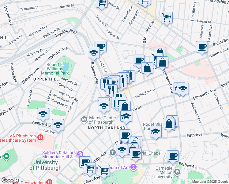 map of restaurants, bars, coffee shops, grocery stores, and more near 4611 Centre Avenue in Pittsburgh