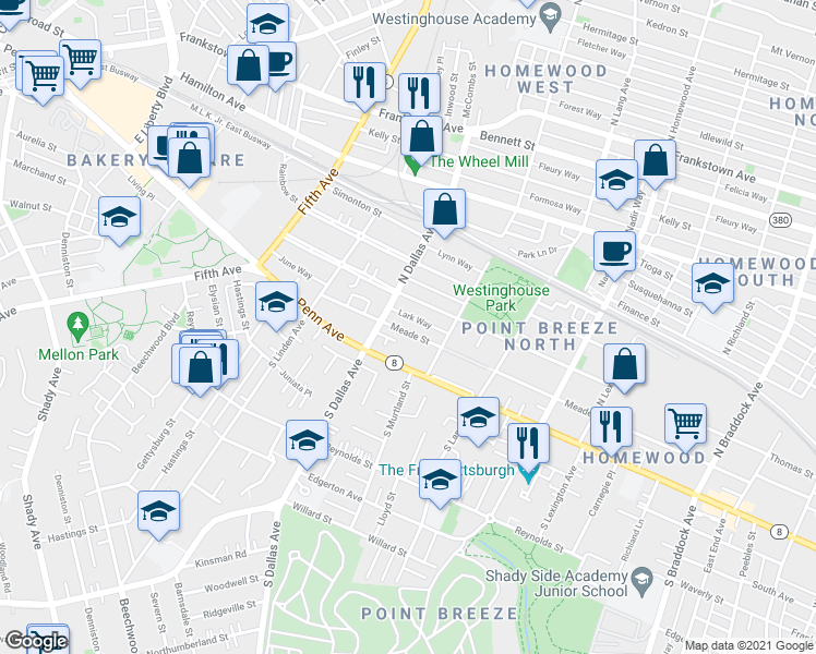 map of restaurants, bars, coffee shops, grocery stores, and more near 6927 Meade Street in Pittsburgh