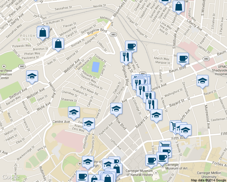 map of restaurants, bars, coffee shops, grocery stores, and more near 4307 Dakota Street in Pittsburgh