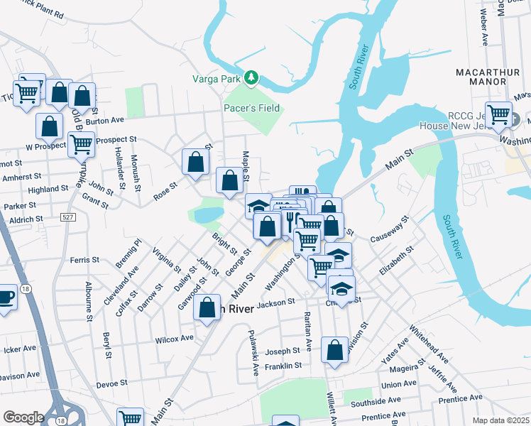 map of restaurants, bars, coffee shops, grocery stores, and more near 19 George Street in South River