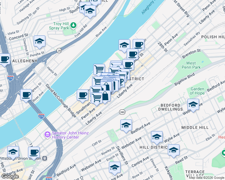 map of restaurants, bars, coffee shops, grocery stores, and more near 2107 Penn Avenue in Pittsburgh