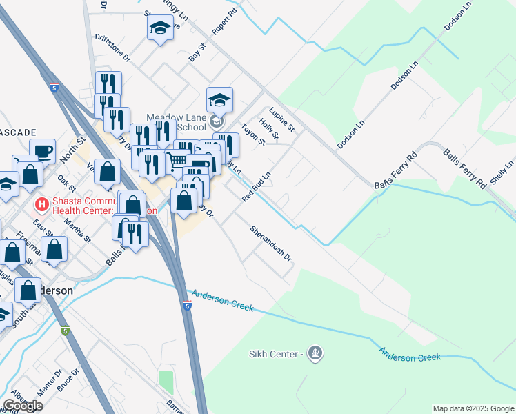 map of restaurants, bars, coffee shops, grocery stores, and more near 2400 Shady Lane in Anderson