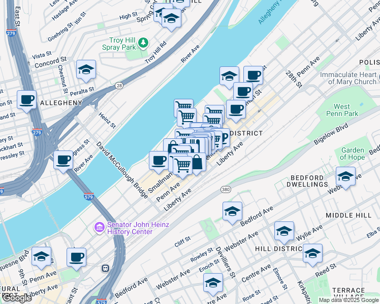 map of restaurants, bars, coffee shops, grocery stores, and more near 2100 Smallman Street in Pittsburgh