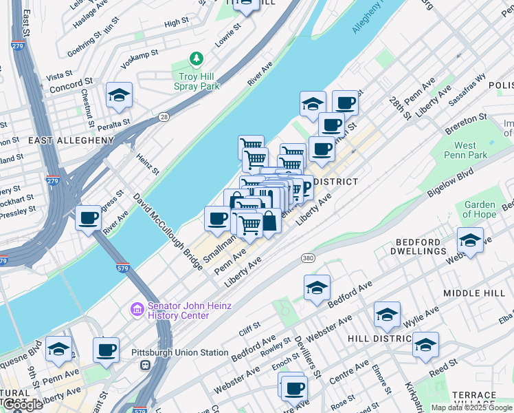 map of restaurants, bars, coffee shops, grocery stores, and more near 2101 Smallman Street in Pittsburgh