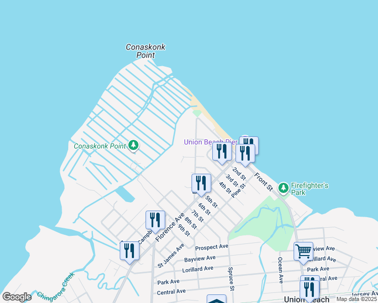 map of restaurants, bars, coffee shops, grocery stores, and more near 220 Dock Street in Union Beach