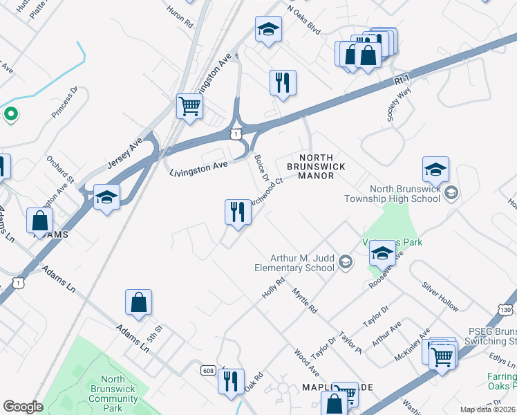 map of restaurants, bars, coffee shops, grocery stores, and more near 3613 Birchwood Court in North Brunswick Township