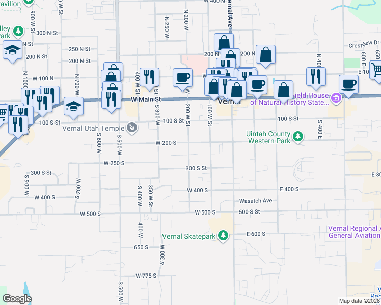 map of restaurants, bars, coffee shops, grocery stores, and more near 259 South 200 West in Vernal