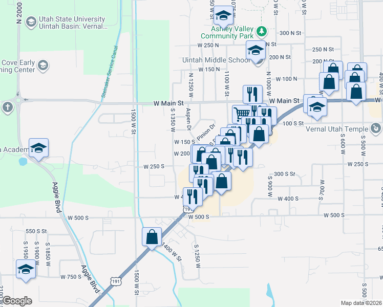 map of restaurants, bars, coffee shops, grocery stores, and more near 158 South Dale Avenue in Vernal