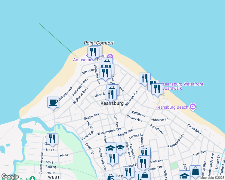 map of restaurants, bars, coffee shops, grocery stores, and more near 96 Carr Avenue in Keansburg