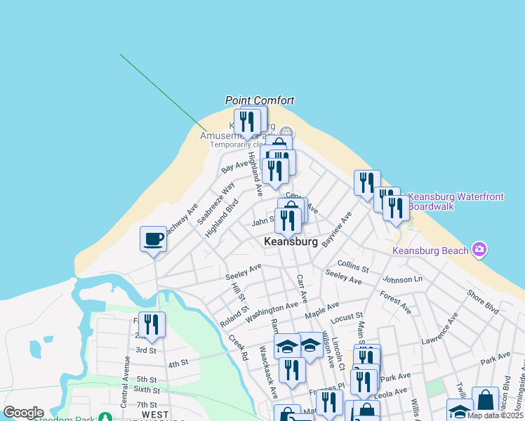 map of restaurants, bars, coffee shops, grocery stores, and more near 79E Carr Avenue in Keansburg