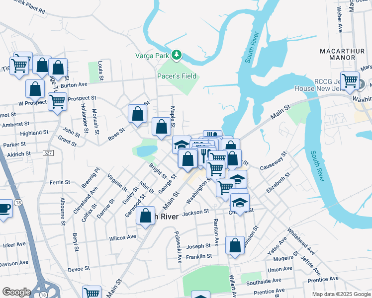 map of restaurants, bars, coffee shops, grocery stores, and more near 19 George Street in South River