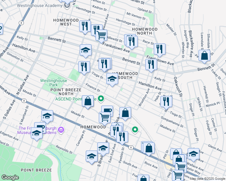 map of restaurants, bars, coffee shops, grocery stores, and more near 7430 Tioga Street in Pittsburgh