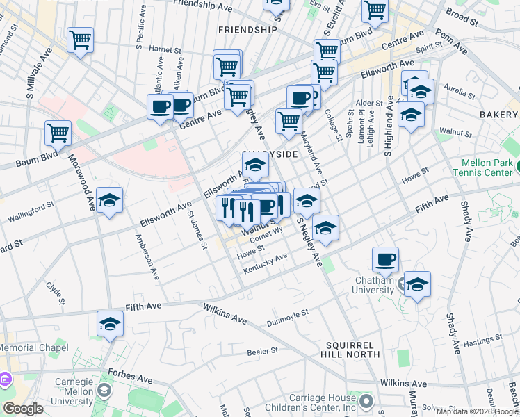 map of restaurants, bars, coffee shops, grocery stores, and more near 722 Filbert Street in Pittsburgh