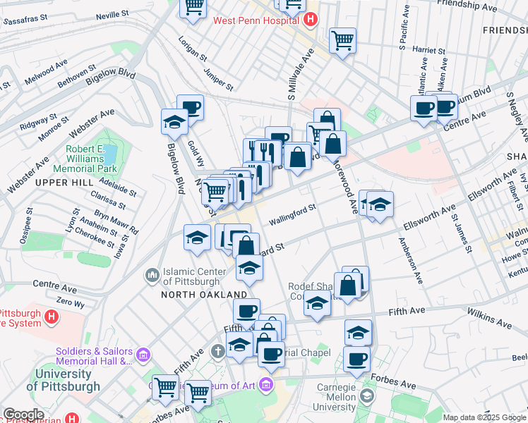 map of restaurants, bars, coffee shops, grocery stores, and more near 4719 Wallingford Street in Pittsburgh