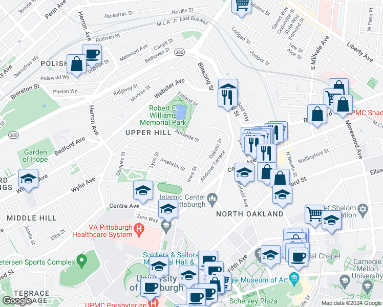 map of restaurants, bars, coffee shops, grocery stores, and more near 928 Clarissa Street in Pittsburgh