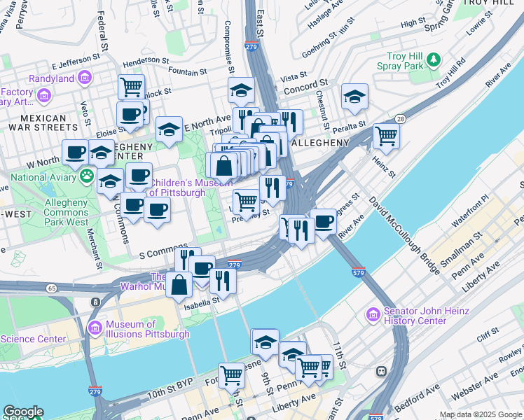 map of restaurants, bars, coffee shops, grocery stores, and more near 510 Pressley Street in Pittsburgh