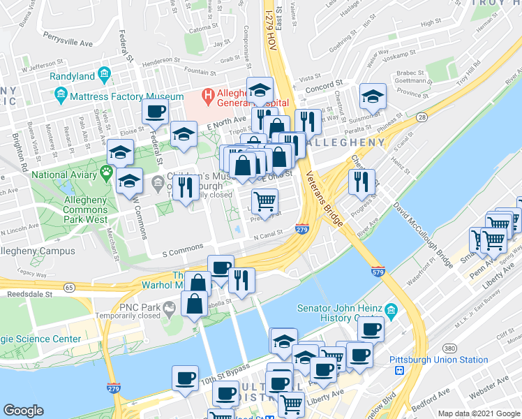 map of restaurants, bars, coffee shops, grocery stores, and more near 510 Pressley Street in Pittsburgh