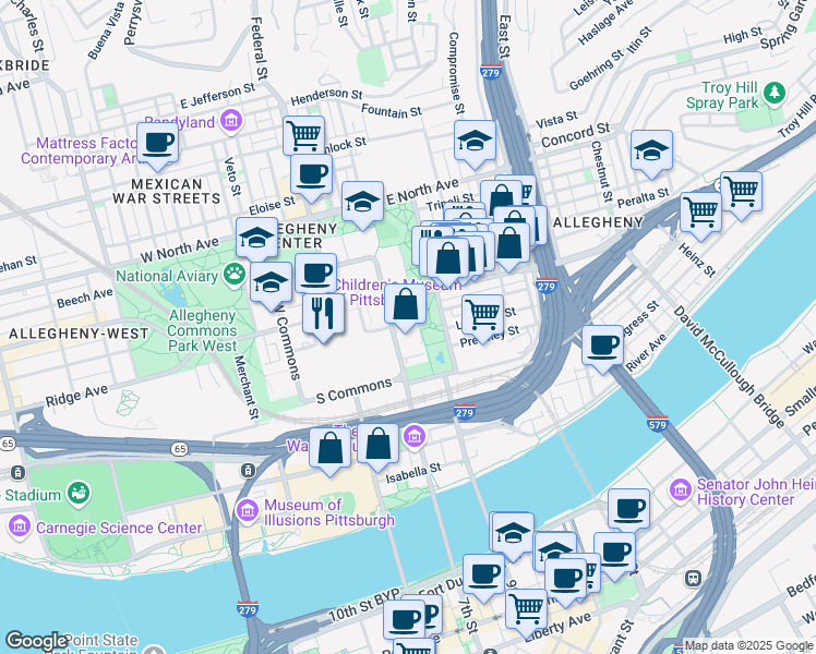 map of restaurants, bars, coffee shops, grocery stores, and more near 113 East Commons in Pittsburgh