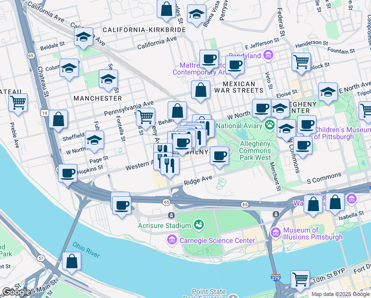 map of restaurants, bars, coffee shops, grocery stores, and more near 922 Western Avenue in Pittsburgh