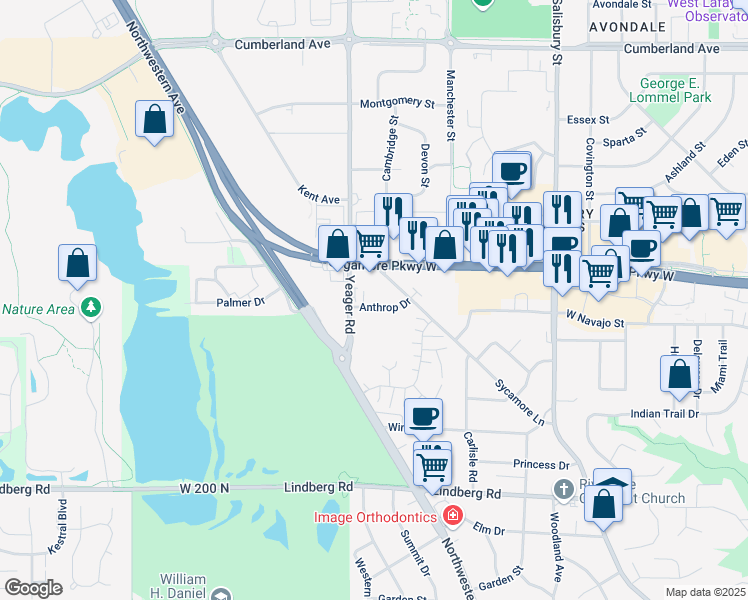 map of restaurants, bars, coffee shops, grocery stores, and more near 1160 Anthrop Drive in West Lafayette