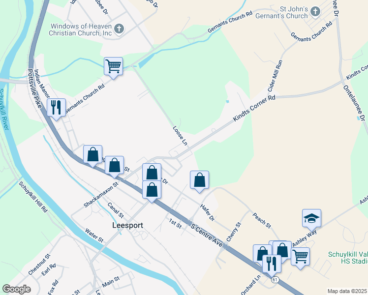 map of restaurants, bars, coffee shops, grocery stores, and more near 359 Kindts Corner Road in Leesport