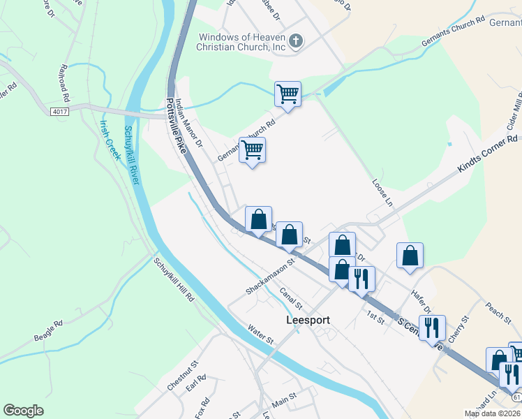 map of restaurants, bars, coffee shops, grocery stores, and more near 201 Spring Garden Street in Leesport