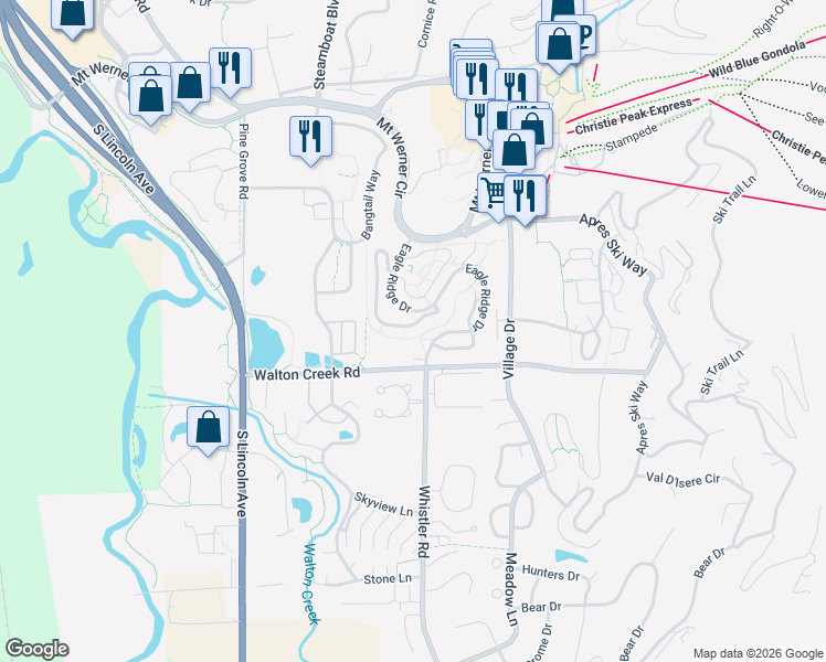 map of restaurants, bars, coffee shops, grocery stores, and more near 1439 Eagle Glen Drive in Steamboat Springs