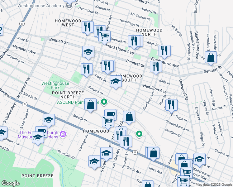 map of restaurants, bars, coffee shops, grocery stores, and more near 7430 Tioga Street in Pittsburgh