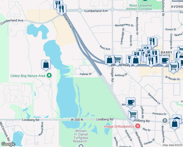 map of restaurants, bars, coffee shops, grocery stores, and more near 1304 Palmer Drive in West Lafayette
