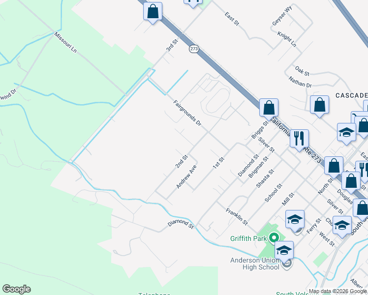 map of restaurants, bars, coffee shops, grocery stores, and more near 1590 2nd Street in Anderson