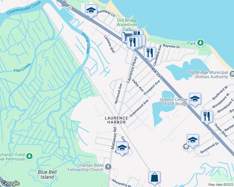 map of restaurants, bars, coffee shops, grocery stores, and more near 294 Norwood Avenue in Old Bridge