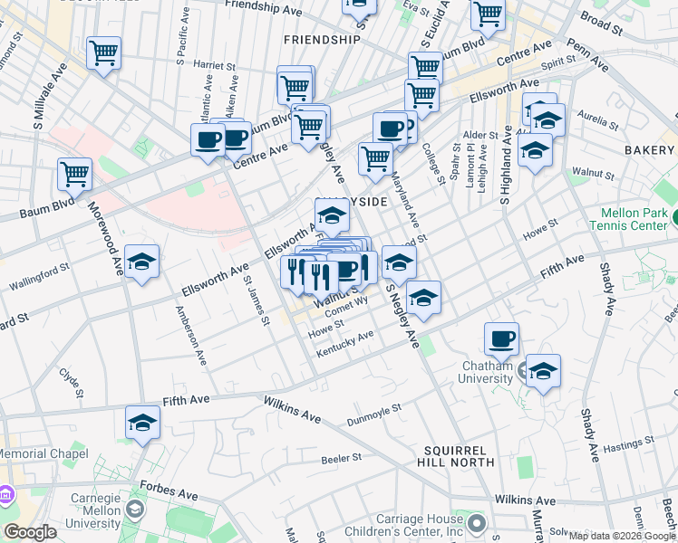 map of restaurants, bars, coffee shops, grocery stores, and more near 722 Filbert Street in Pittsburgh