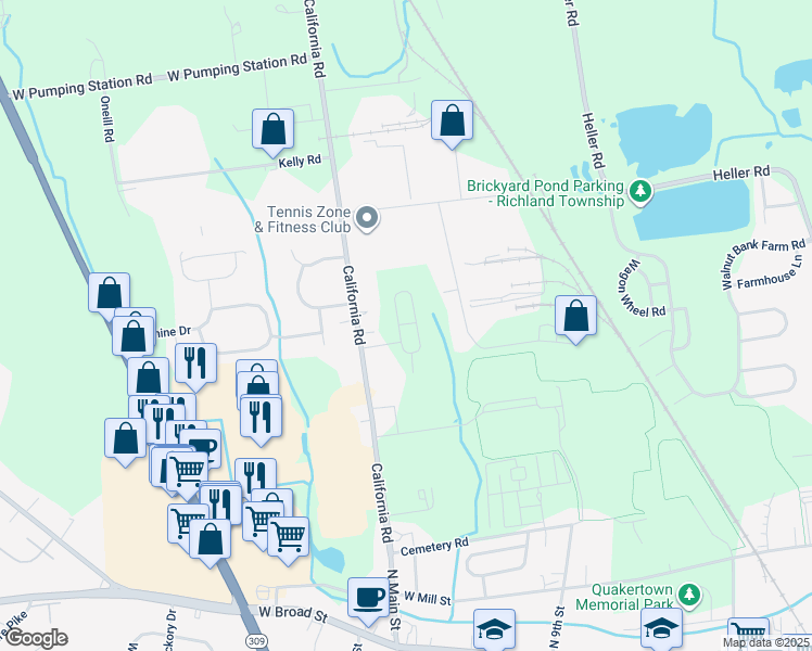 map of restaurants, bars, coffee shops, grocery stores, and more near 323 California Road in Quakertown