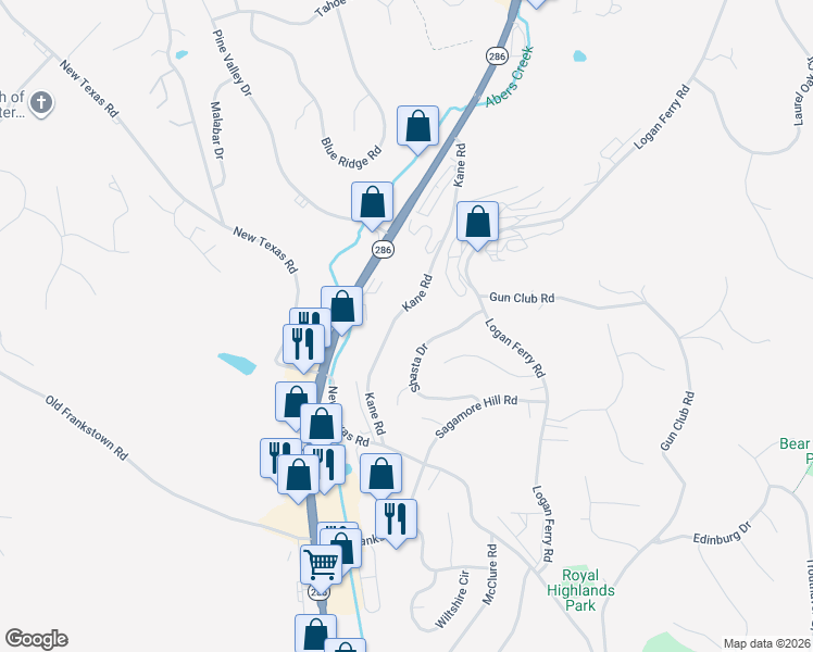 map of restaurants, bars, coffee shops, grocery stores, and more near 281 Kane Rd in Pittsburgh