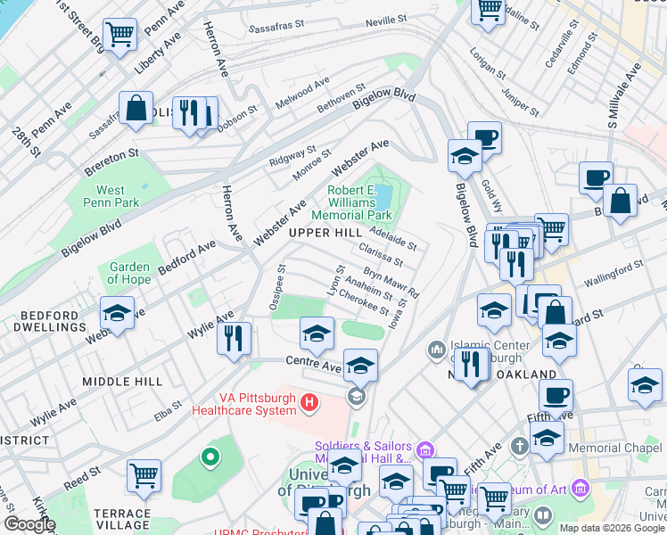 map of restaurants, bars, coffee shops, grocery stores, and more near 801 Anaheim Street in Pittsburgh