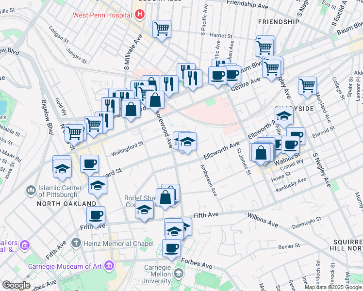 map of restaurants, bars, coffee shops, grocery stores, and more near 5023 Bayard Street in Pittsburgh