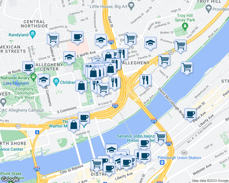 map of restaurants, bars, coffee shops, grocery stores, and more near 610 Pressley Street in Pittsburgh