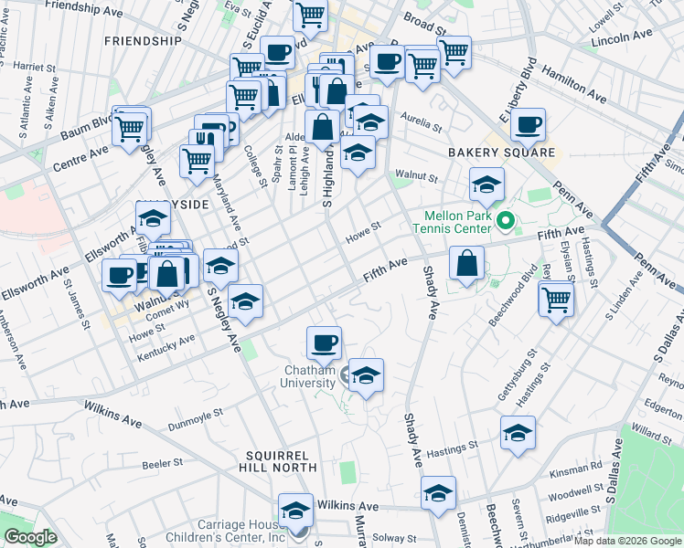 map of restaurants, bars, coffee shops, grocery stores, and more near 600 South Highland Avenue in Pittsburgh