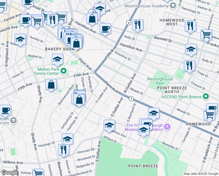 map of restaurants, bars, coffee shops, grocery stores, and more near 6829 Pennsylvania 8 in Pittsburgh