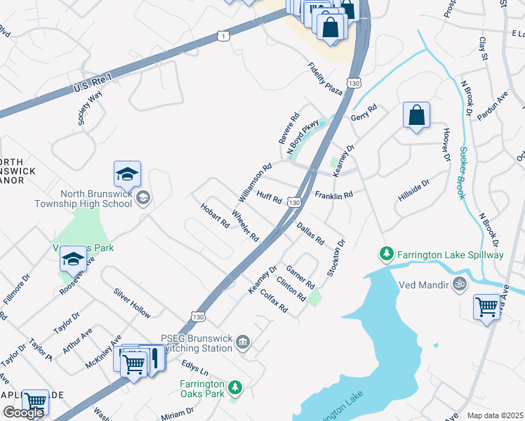 map of restaurants, bars, coffee shops, grocery stores, and more near 390 Sherman Road in North Brunswick Township