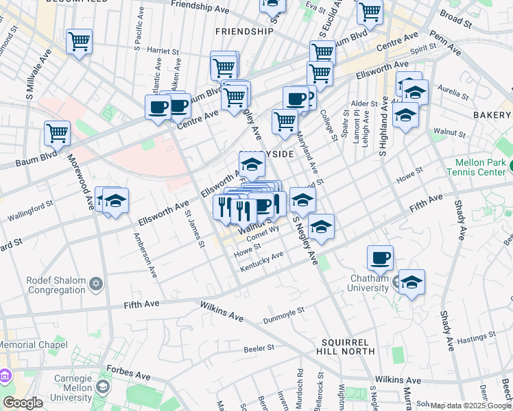 map of restaurants, bars, coffee shops, grocery stores, and more near 722 Filbert Street in Pittsburgh
